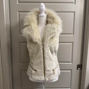 Guess Cream Faux Fur Trim Soft Vest Sleeveless Open Front Winter Jacket